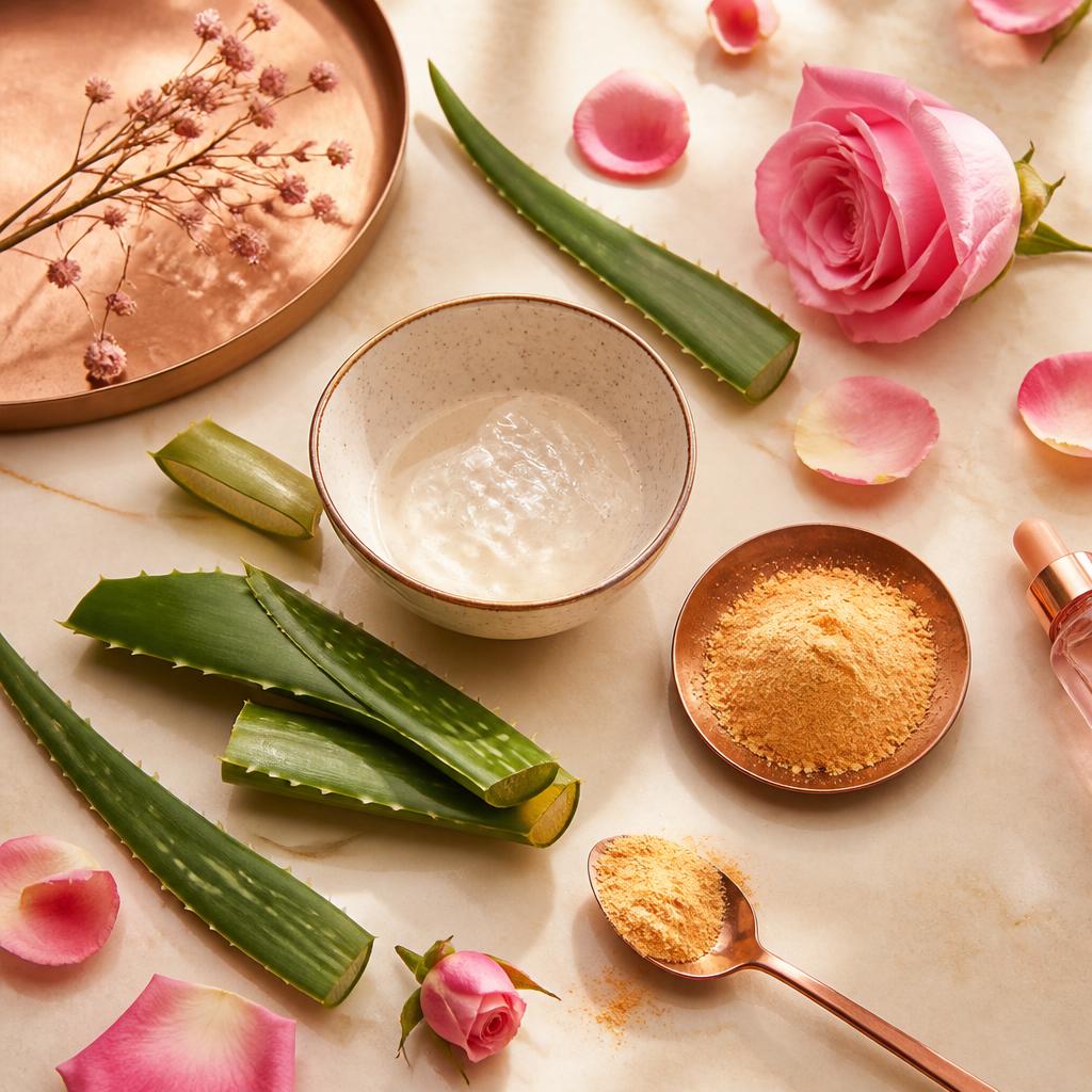 Natural skincare ingredients flat lay