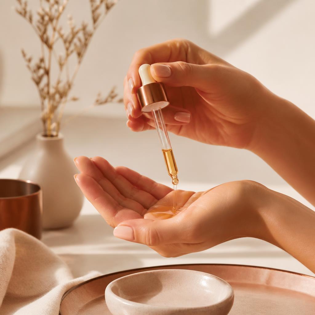 Hands applying golden serum ritual
