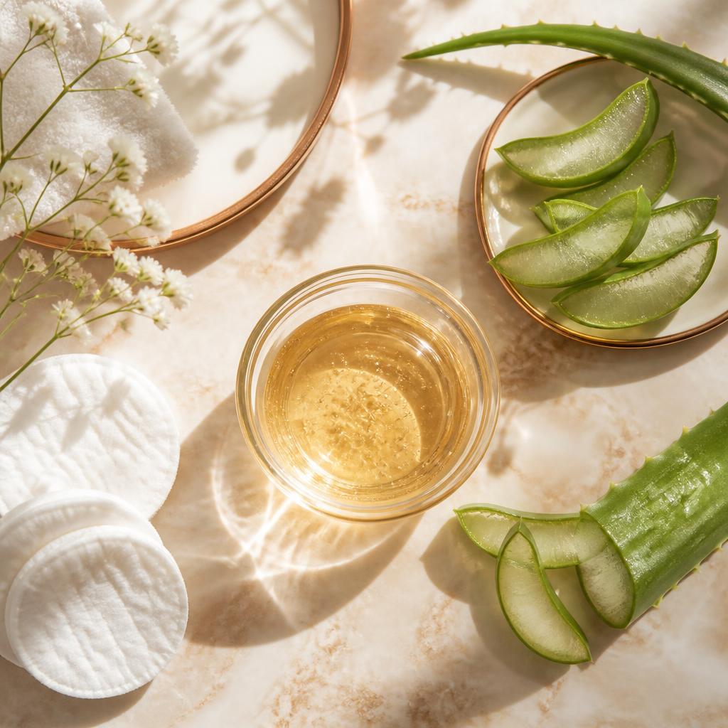 Aloe vera and serum skincare flat lay